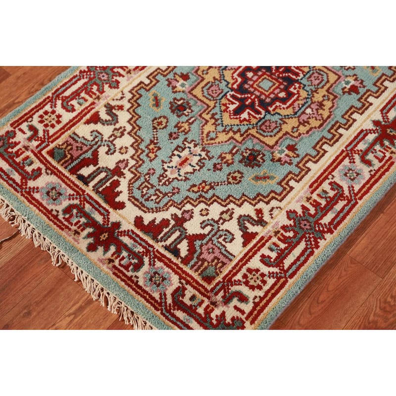 Hand Knotted Oriental 100% Wool Carpet Traditional Geometric Navy Blue & Blues Heriz (serapi) Runner Rug - 8' 2'' X 2' 6''