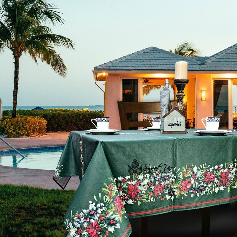 Christmas Acrylic Coated Wipeable Spill Resistant French Tablecloth - 60 X 98 in. - Green