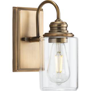 Aiken Collection One-Light Vintage Style Brass Clear Glass Farmhouse Style Bath Vanity Wall Light - 4.5 in x 7 in x 9.875 in