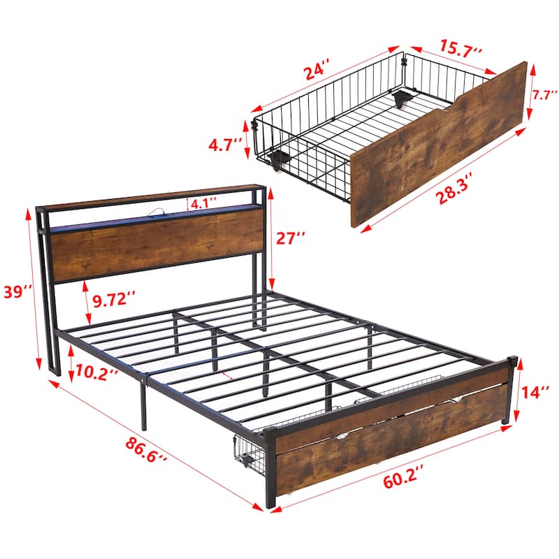 King Size Metal Bed Frame with LED Headboard, USB Charging Ports, Storage Drawers, and Wood Accents - Sturdy Platform Design