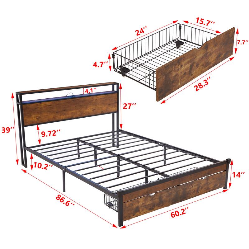 Queen Size Metal Platform Bed with Wooden Headboard, USB Charging, Drawers, LED Lights, No Box Spring Needed