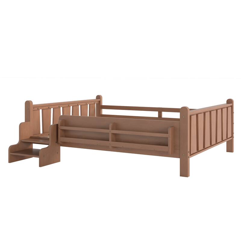 Full/Twin Floor Bed with Storage Bookcases & Cute Stairs - Solid Wood Kids Bed, No Box Spring