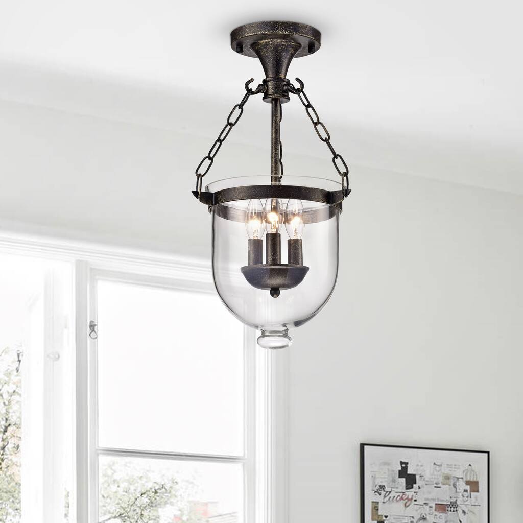 Antique Bronze 3-Light Glass Lantern Semi Flush Mount - Antique Bronze