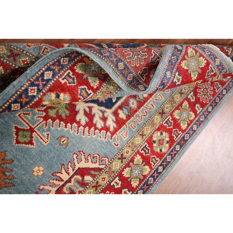 Light Blue Geometric Kazak Rug Entryway Hand-Knotted Wool Carpet - 3'1" x 4'11"
