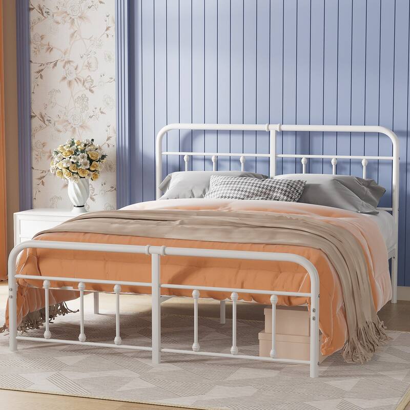 Javlergo White Metal Platform Bed Frame with Headboard and Footboard Quiet Heavy-Duty Frame No Box Spring Needed