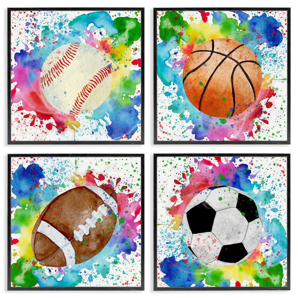 Stupell Rainbow Splatter Baseball Framed Giclee Art Design By Kim Allen (Set of 4)