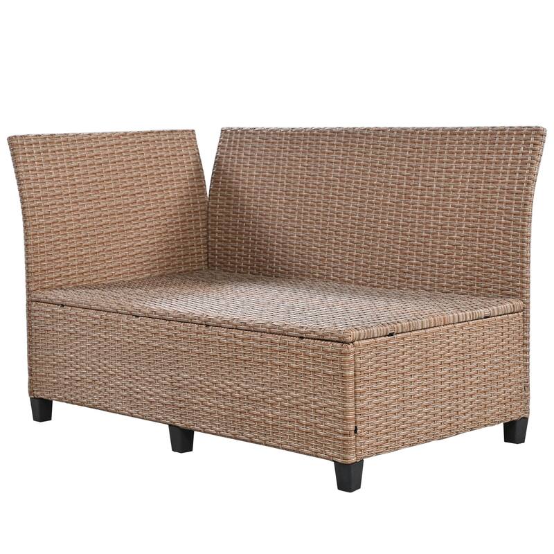 Roomfitters 5-Piece Outdoor Rattan Sofa Set, Patio Sectional Furniture with Dining Table, Storage Bench, Side Trays