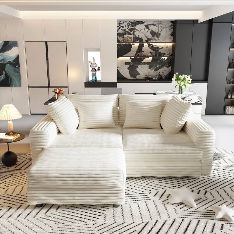 102.4 " Corduroy Modular Sofa, Modern Upholstered Sofa Cloud Couch, Deep Seat Couches w/ Pillows, Movable Ottoman for Apartment