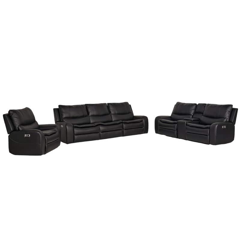 3-Piece Faux Leather Sofa Set with Double Width Seat, Power Recliner, Loveseat & Sofa, Wireless charging and Reading Lamp - Black