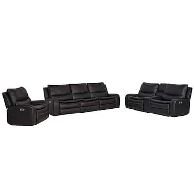 3-Piece Faux Leather Sofa Set with Double Width Seat, Power Recliner, Loveseat & Sofa, Wireless charging and Reading Lamp