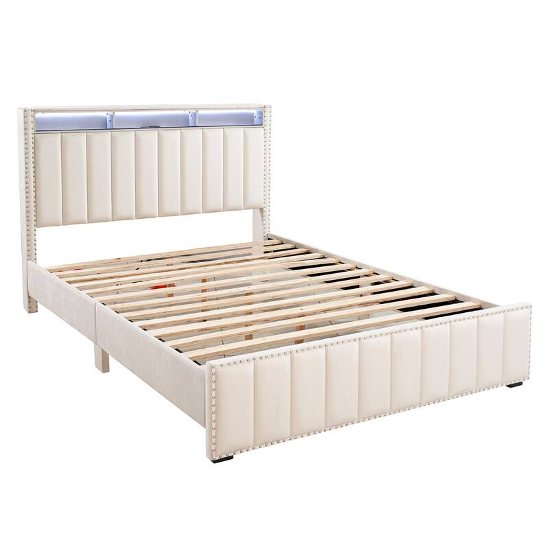 Modern Beige Solid Wood Bed Frame with Open Compartments