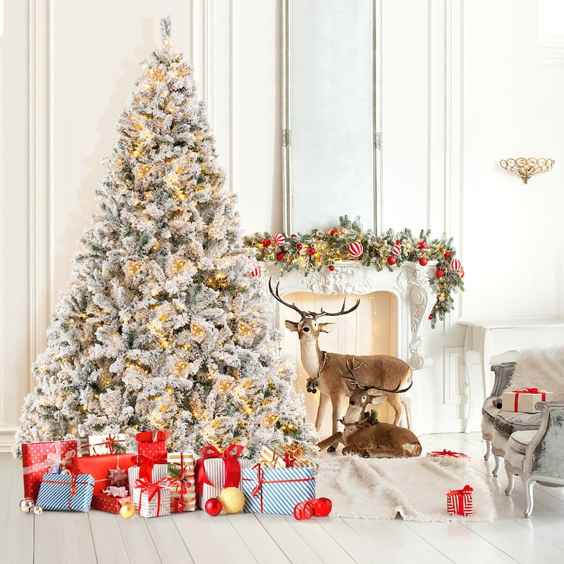 Gymax 6/7/8 FT Pre-Lit Snow-Flocked Xmas Tree 3-Minute-Setup