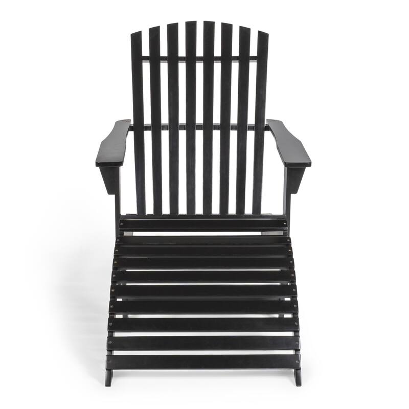 Shoreham 2-Piece Traditional Rustic Acacia Wood Adirondack Chair with Detachable Ottoman, by JONATHAN Y - Black