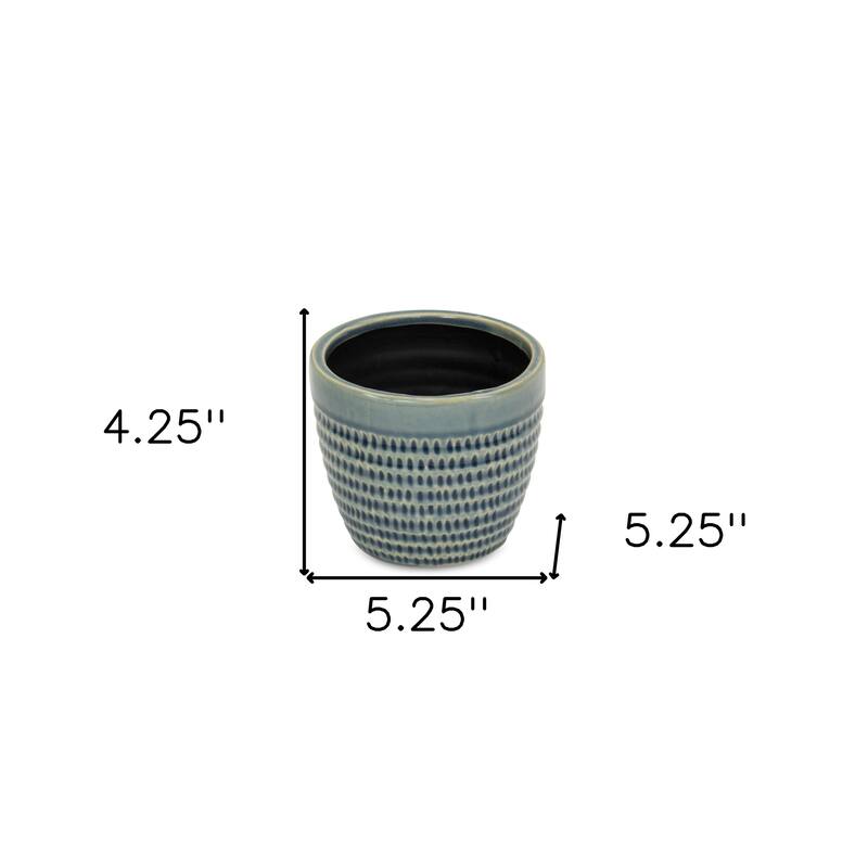 HomeRoots Blue Ceramic 22 Ounce Dotted Round Distressed Pot Planter - 5.25 in. x 4.25 in. x 5.25 in.