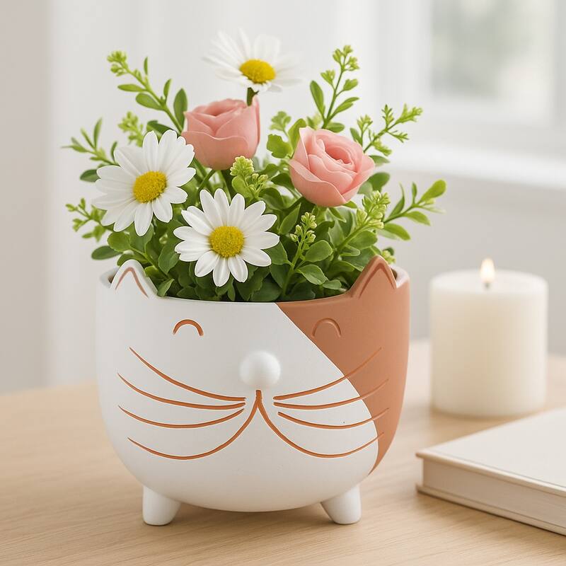 Artistic Kitty Whiskers Footed Planter - 6", White & Pink - 6.0" - 6.0" - White/ Tan