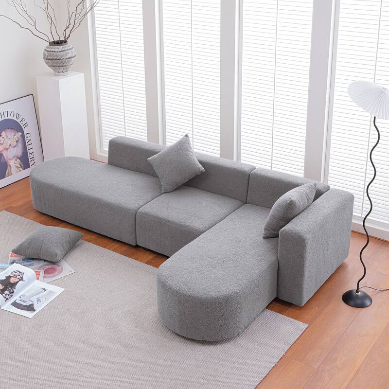 110.2 Inch Modern Sectional Sofa Couch,L Shape Boucle Sofa Couch with 3 Pillows,Modern Minimalist Style Couch - Grey