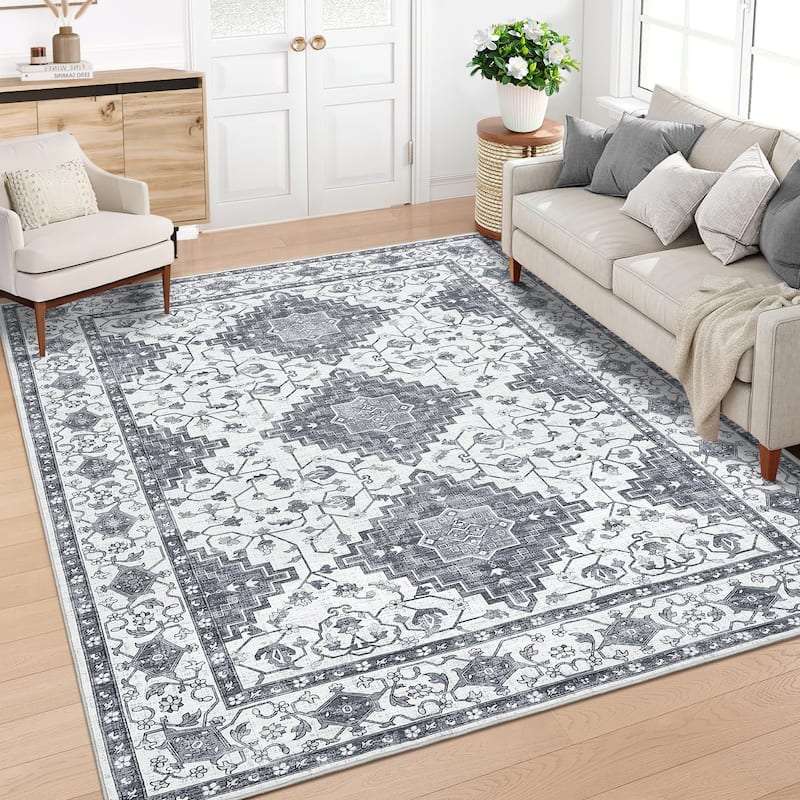 Washable Area Rug Vintage Boho Rug Low Pile Non-Slip Area Rugs Soft Foldable Indoor Carpet - 5'x7' - Gray