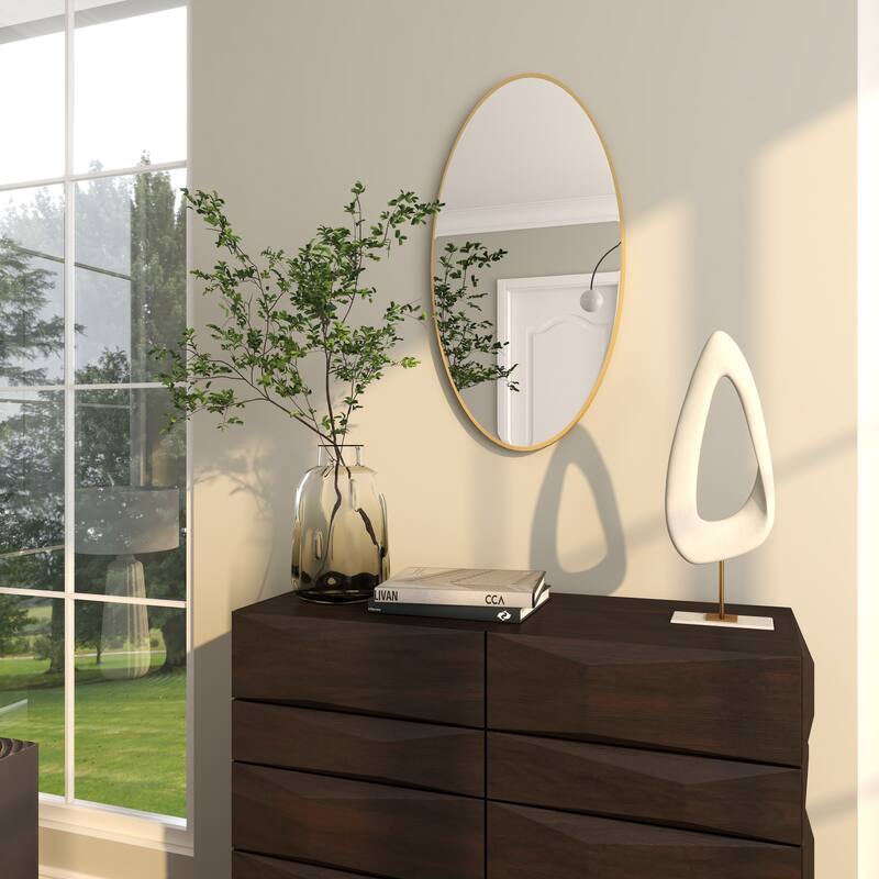 Wood Oval Room Wall Mirror with Thin Minimalistic Frame - Black, Gold or White - Roche River Decor
