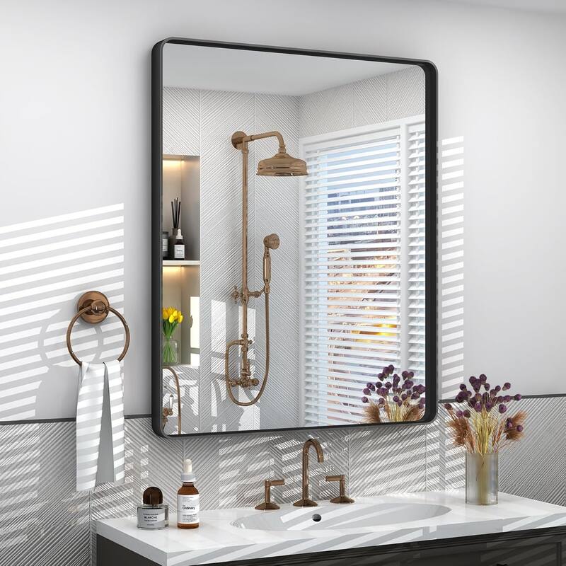 Aluminum Alloy Framed French Cleat Mounted Tempered Glass Wall Vanity Mirror - Black - 30" x 24"