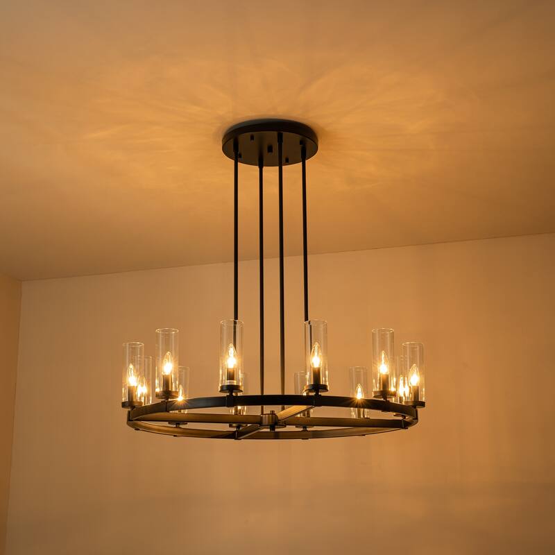 12-Light Mid-Century Modern Gold/Black Clear Glass Large Wagon Wheel Chandelier for Dining Room/ Living Room