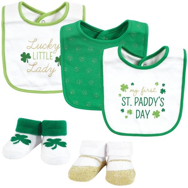 slide 1 of 1, Hudson Baby Infant Girl Cotton Bib and Sock Set, Lucky Lady, 0-9 Months - Lucky Lady - One Size One Size - Lucky Lady