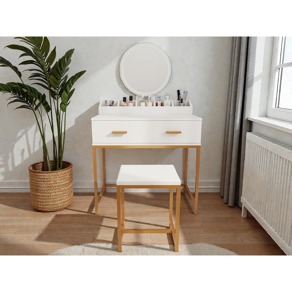 White & Gold Vanity Set with Mirror and Stool, Makeup Table with Drawers and Organizer, Compact Space-Saving Design