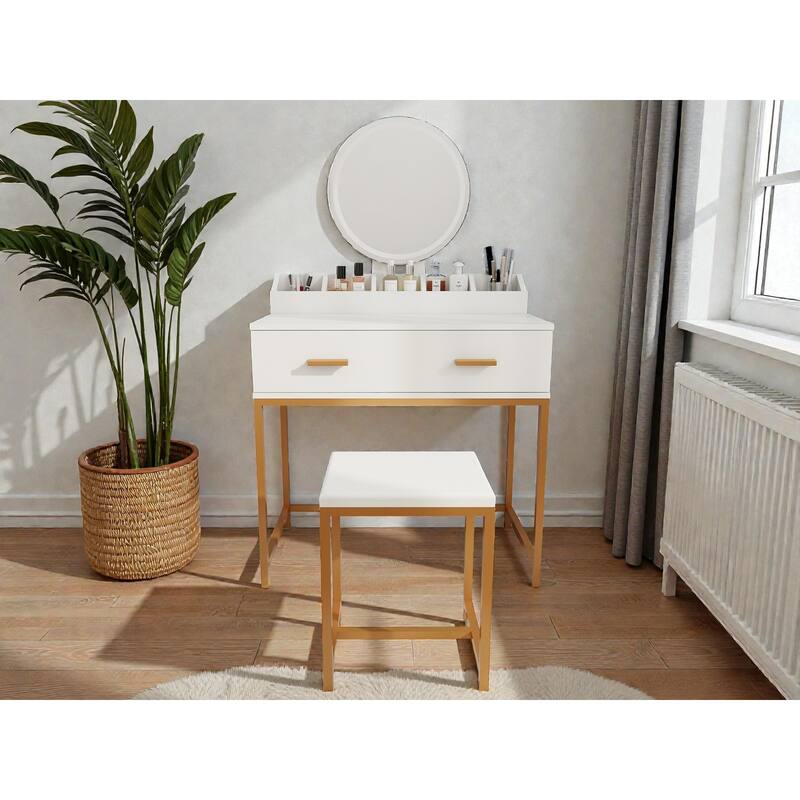 White & Gold Vanity Set with Mirror and Stool, Makeup Table with Drawers and Organizer, Compact Space-Saving Design - White