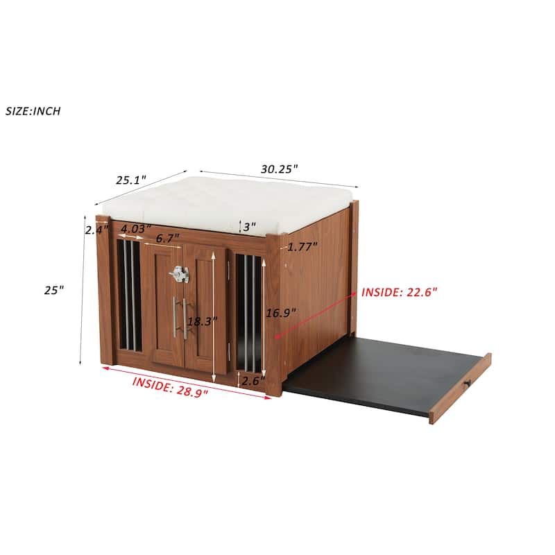 ‌30.25"L 2-in-1 Walnut Dog Crate with Padded Seat & Barn Door, Doubles as Ottoman with Removable Cushion.