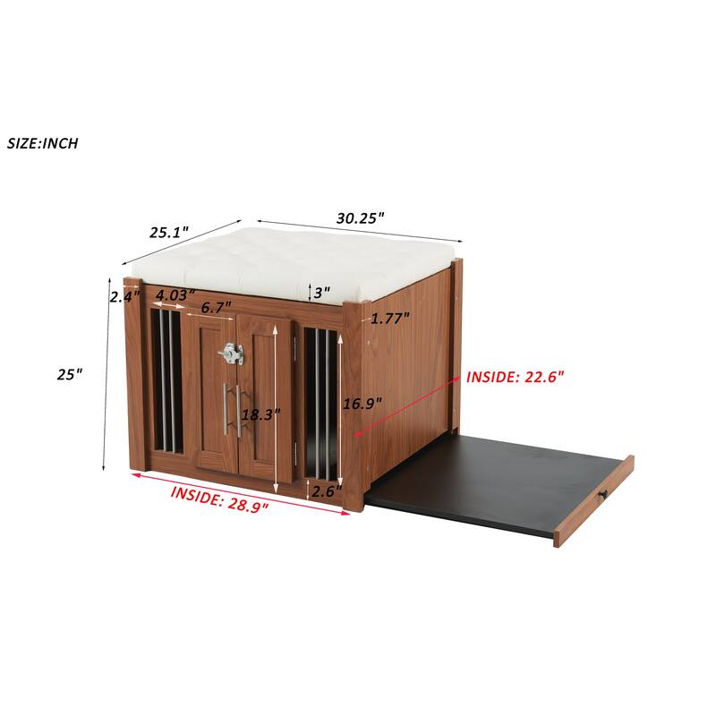 30.25"L, Furniture Style 2 in 1 Dog Crate with Padded Seat, Sliding Barn Door, Luxury Wooden Dog Kennel