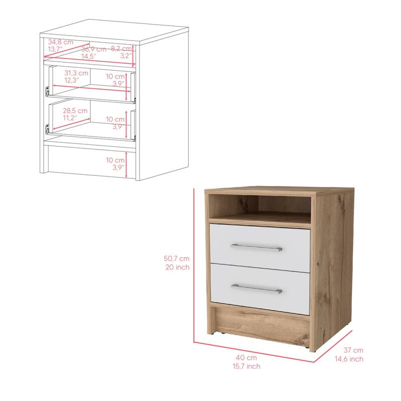 Two-Drawer Nightstand, White and Light Oak Finish