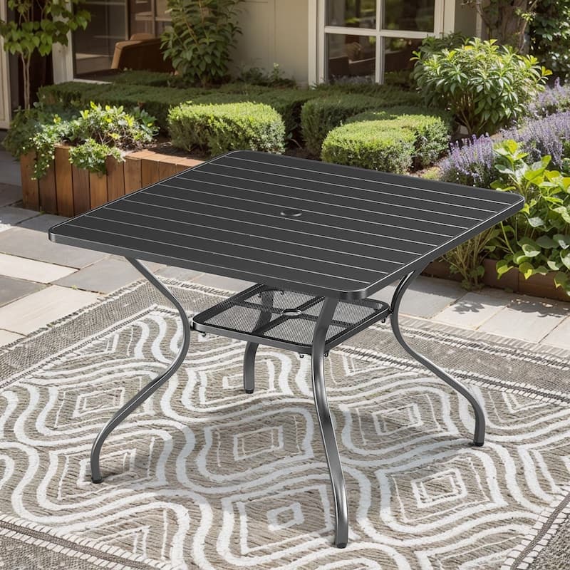 Komodo 37-Inch Outdoor Metal Square Dining Table, Powder-Coated with Umbrella Hole - Black