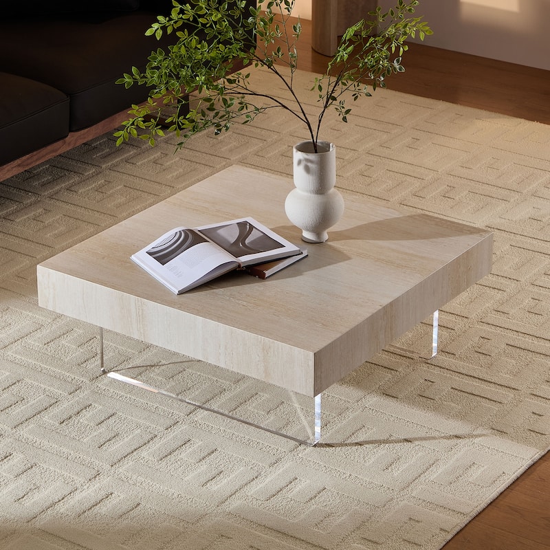 34.65''Square Faux Travertine Pattern Coffee Table,Mdf Table,Modern Design Coffee Table With Acrylic Legs - Beige