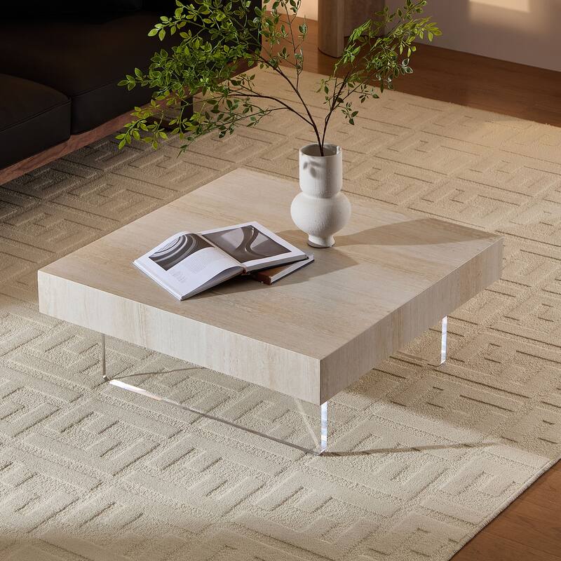 Square Faux Travertine Pattern Coffee Table for Living Room,Modern Design Coffee Table with Acrylic Legs for Office,Apartment - Beige