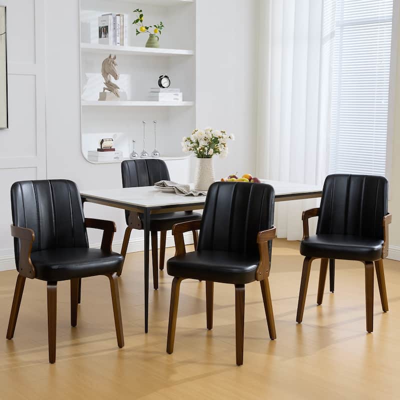 Mid-century Modern Upholstered Dining Chairs Bentwood Side Chairs with Armrests - 34.3"H x 19.9"W x 22.1"D - Set of 4 - Black