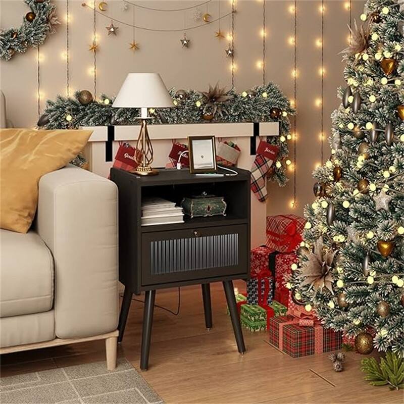 Bedside Tables with Glass Door - Black