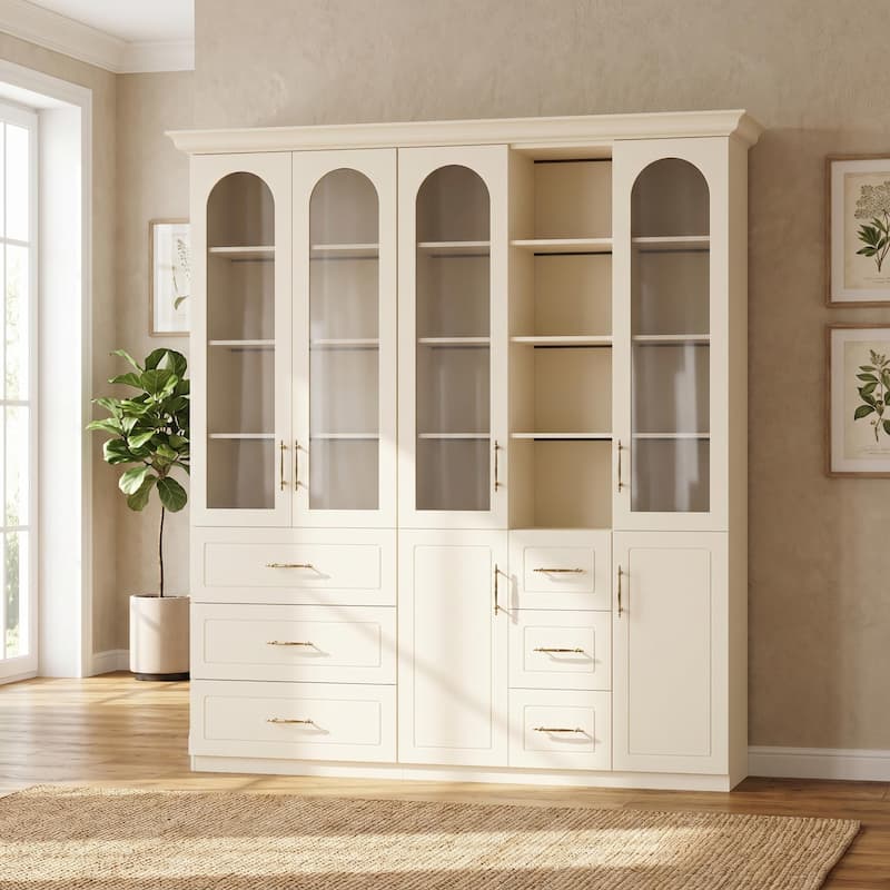 Modular Bookcase with LED Lights, Glass Door Storage Cabinet with Drawers, Large Display Shelving Unit Sideboard