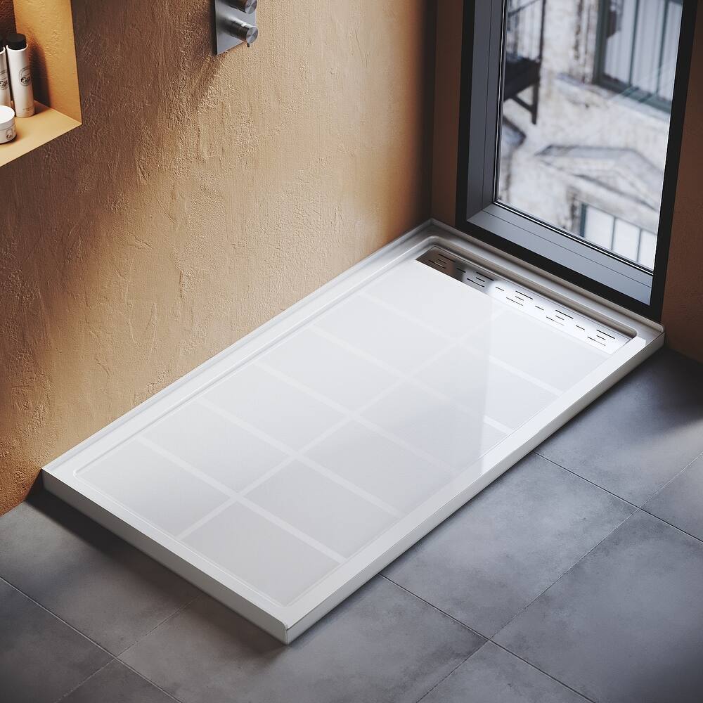 Elegant Rectangular SMC Shower Base 60" L x 32" W x 4" H Right Drain in White with Cover Single Threshold Anti-slip Shower Pan