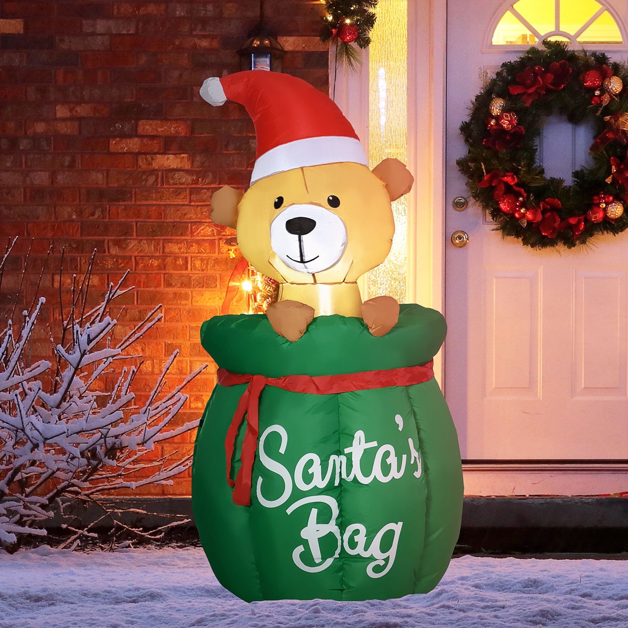 HOMCOM 4.4 Santa s Gift Bag Teddy Bear Inflatable Christmas Decoration Small Christmas Decoration