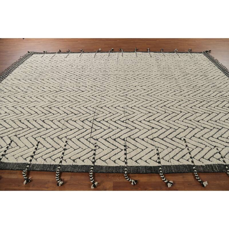 All-Over Chevron Moroccan Oriental Area Rug Hand-Knotted Wool Carpet - 8'10"x 12'10"