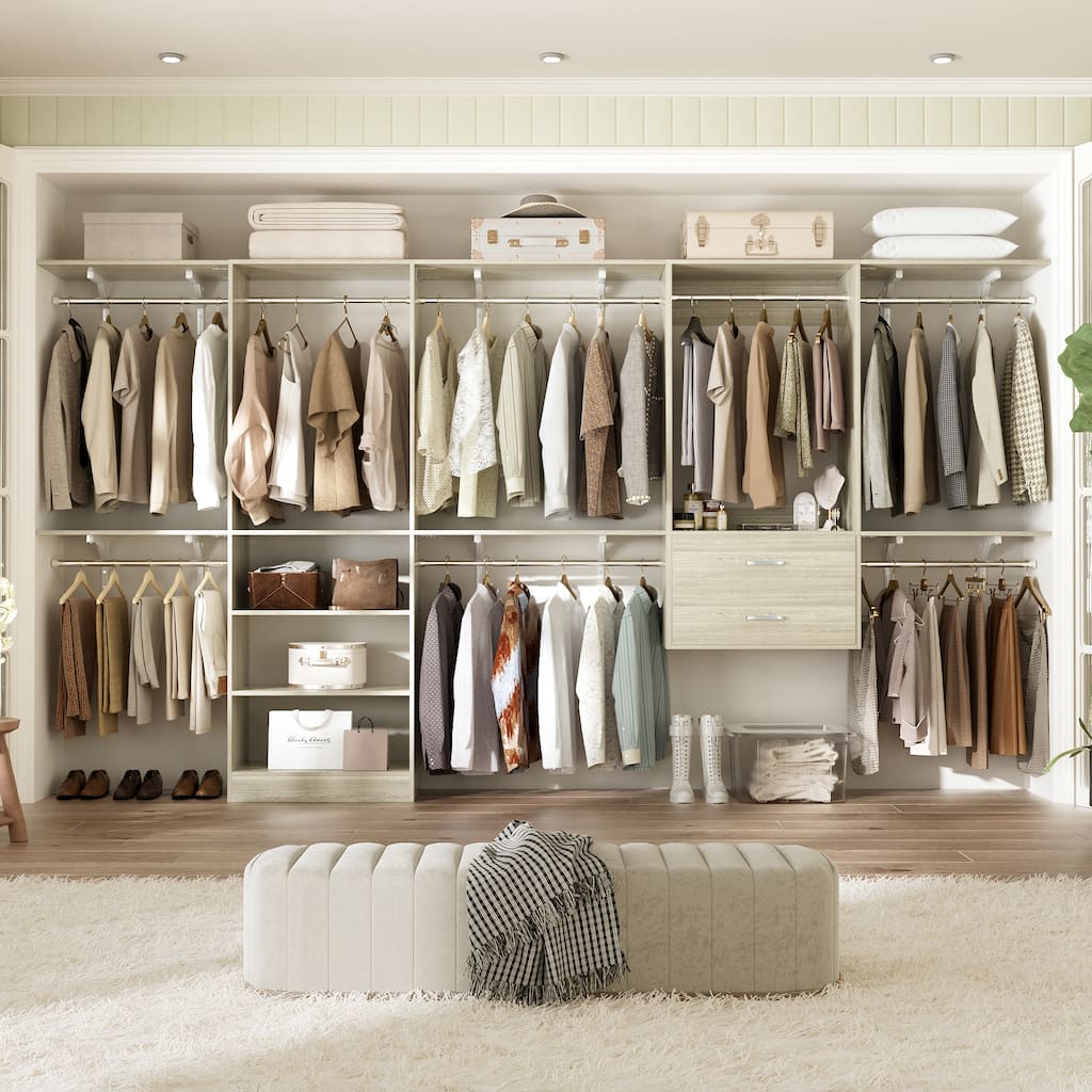 Closet System with 2 Sets, 154'' Walk-in Closet Organizer System with 2 Drawers & 8 Hanging Rods & 6 Reversible Shelf Towers