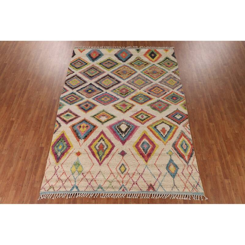 Geometric Moroccan Pakistan Area Rug Handmade Wool Carpet - 7'11" x 10'10"