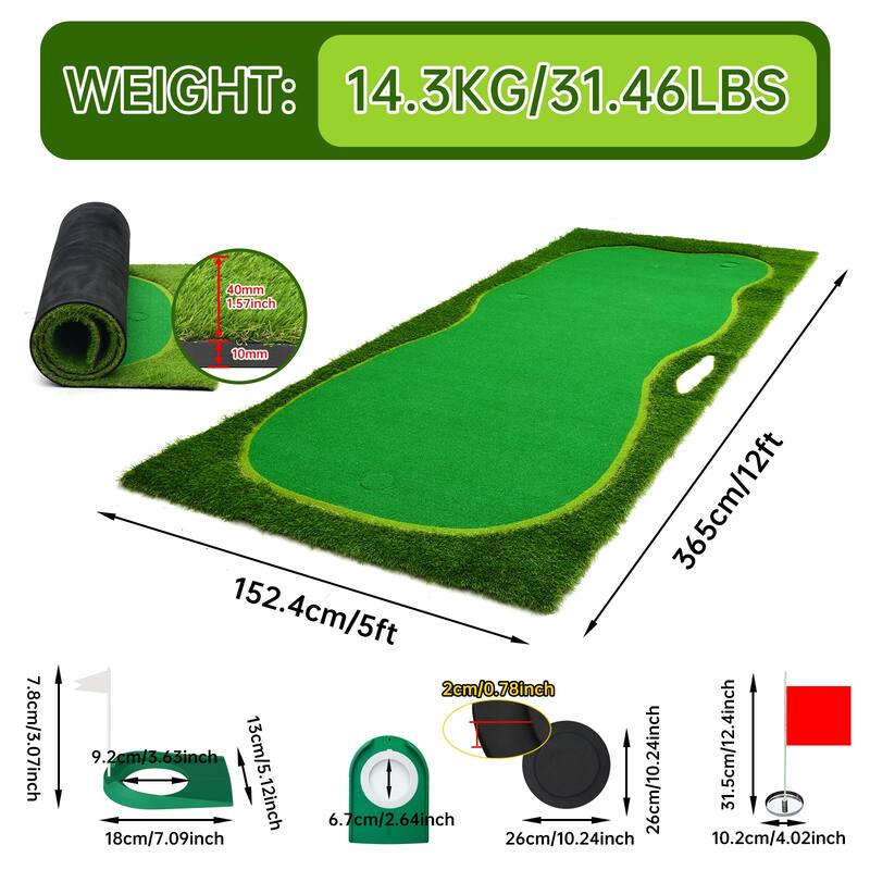 Putting Green Mat with Stainless Steel Cups & Adjustable Slope Challenge for Both Indoor & Outdoor
