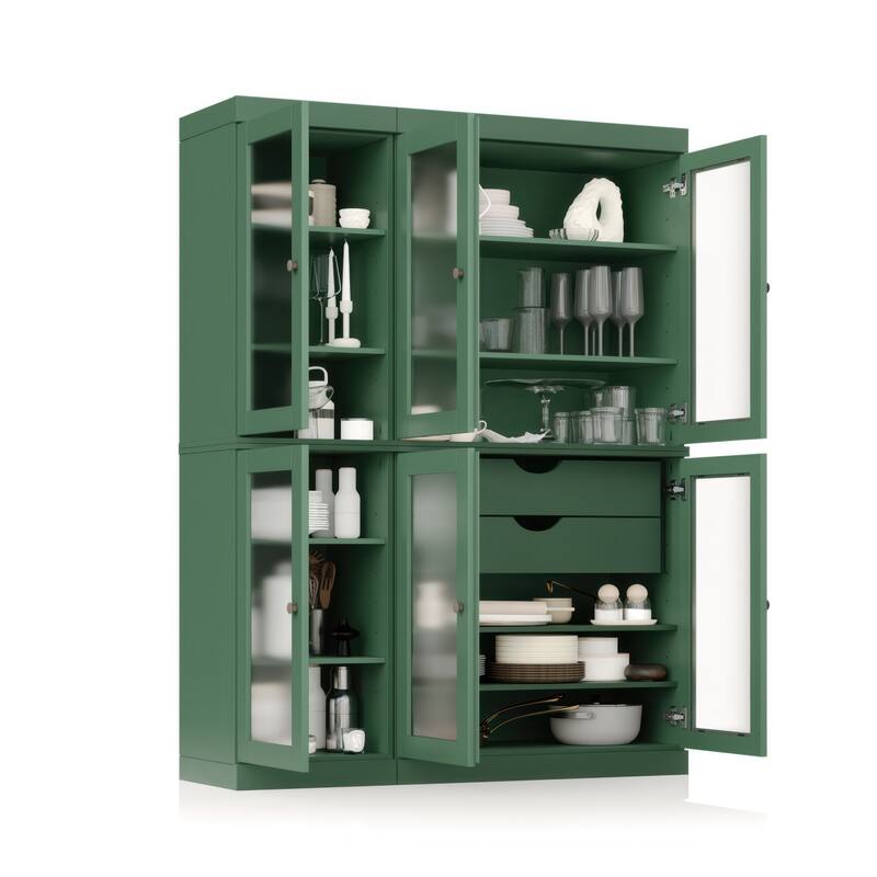 100% Solid Wood 48.5" Pantry Cabinet with Frosted Glass Doors and 2-Drawers