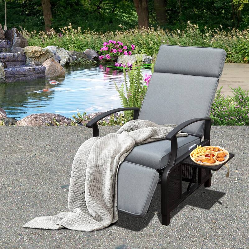 Adjustable Outdoor Lounge Chair with Flip Table Push Back Set of 1 - Grey