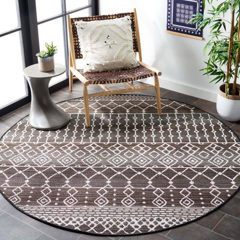 SAFAVIEH Havana Alane Geometric Indoor/ Outdoor Waterproof Rug - 6'7" Round - Brown/Ivory