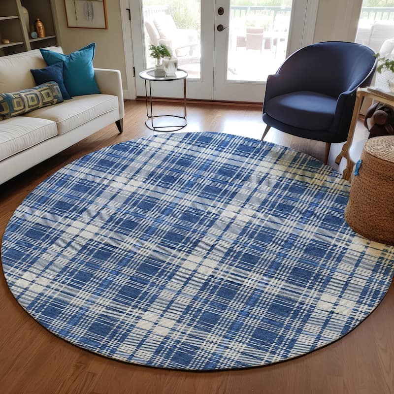 Machine Washable Indoor/ Outdoor Plaid Chantille Rug - Navy - 8' x 8'