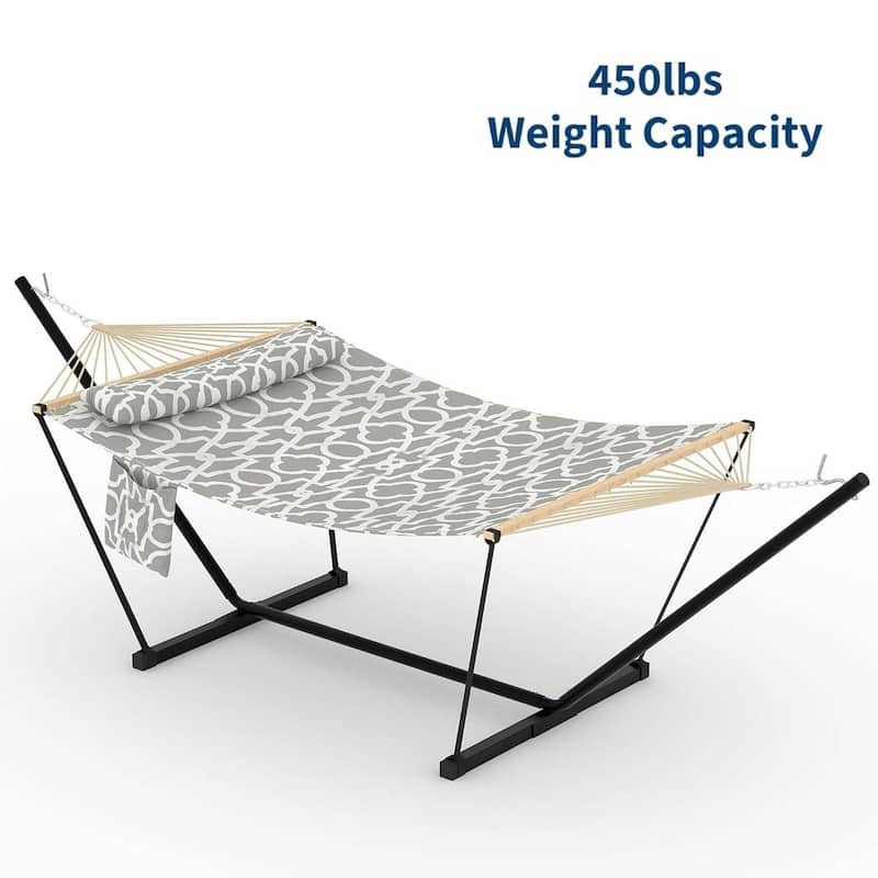 Heavy Duty Portable Double Hammock with Stand for Outdoor Patio, Garden, Beach, Backyard - Light Grey