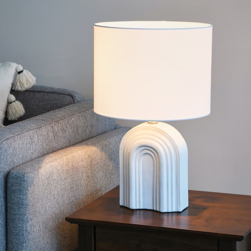 Carved Arch Stoneware Table Lamp with Linen Drum Shade