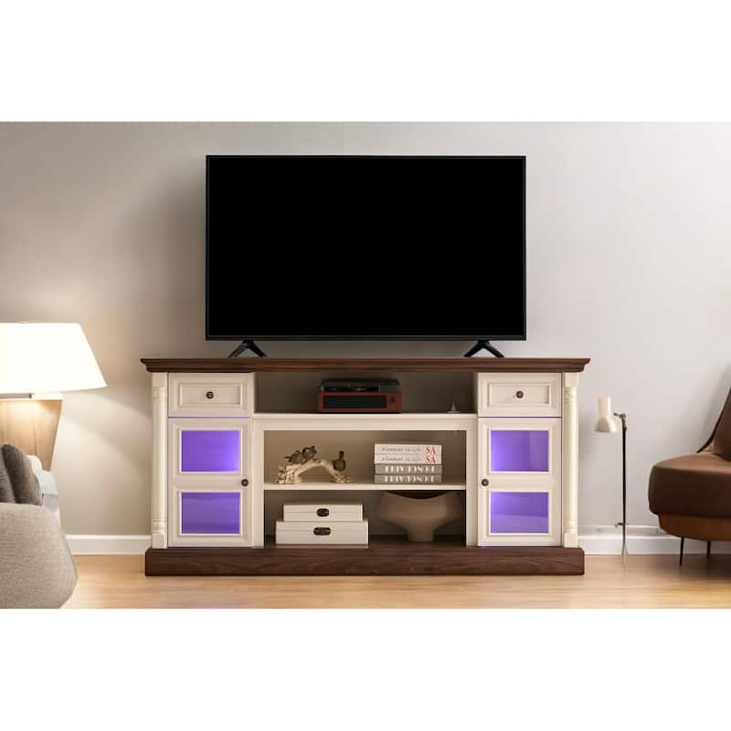 70 Inch Farmhouse Fireplace TV Stand for TVs up to 80 Inches, Media Console with Roman Column Design and LED Lights - Walnut White