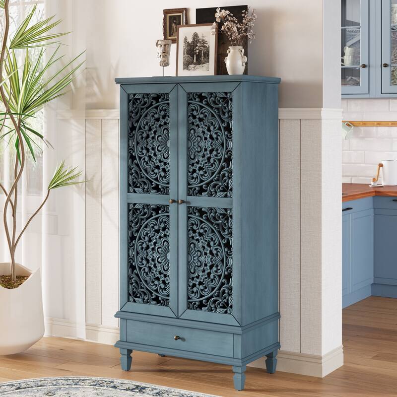 Rustic 55" Tall Storage Cabinet with Drawer, Decorative 2-Door Carved Wood Accent Cabinet with Solid Wood Legs